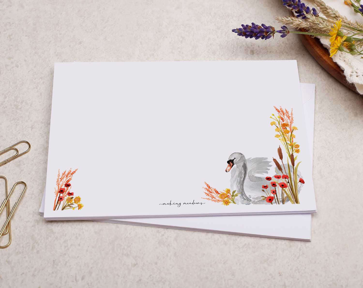 C6 Floral Swan Decorated Envelope. Envelopes designed by Making Meadows