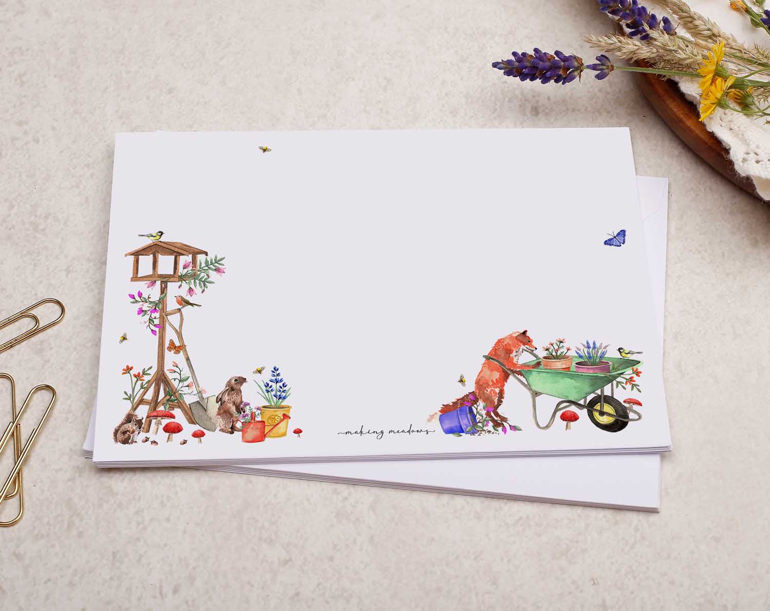 C6 Gardening Fox Decorated Envelope. Envelopes designed by Making Meadows