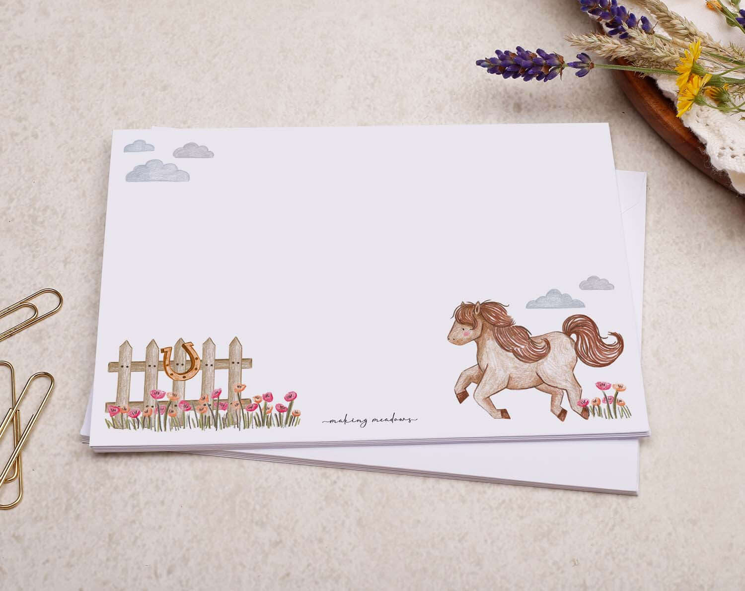 C6 Horse Decorated Envelope with a cute horse and floral design, perfect for letters and invitations.
