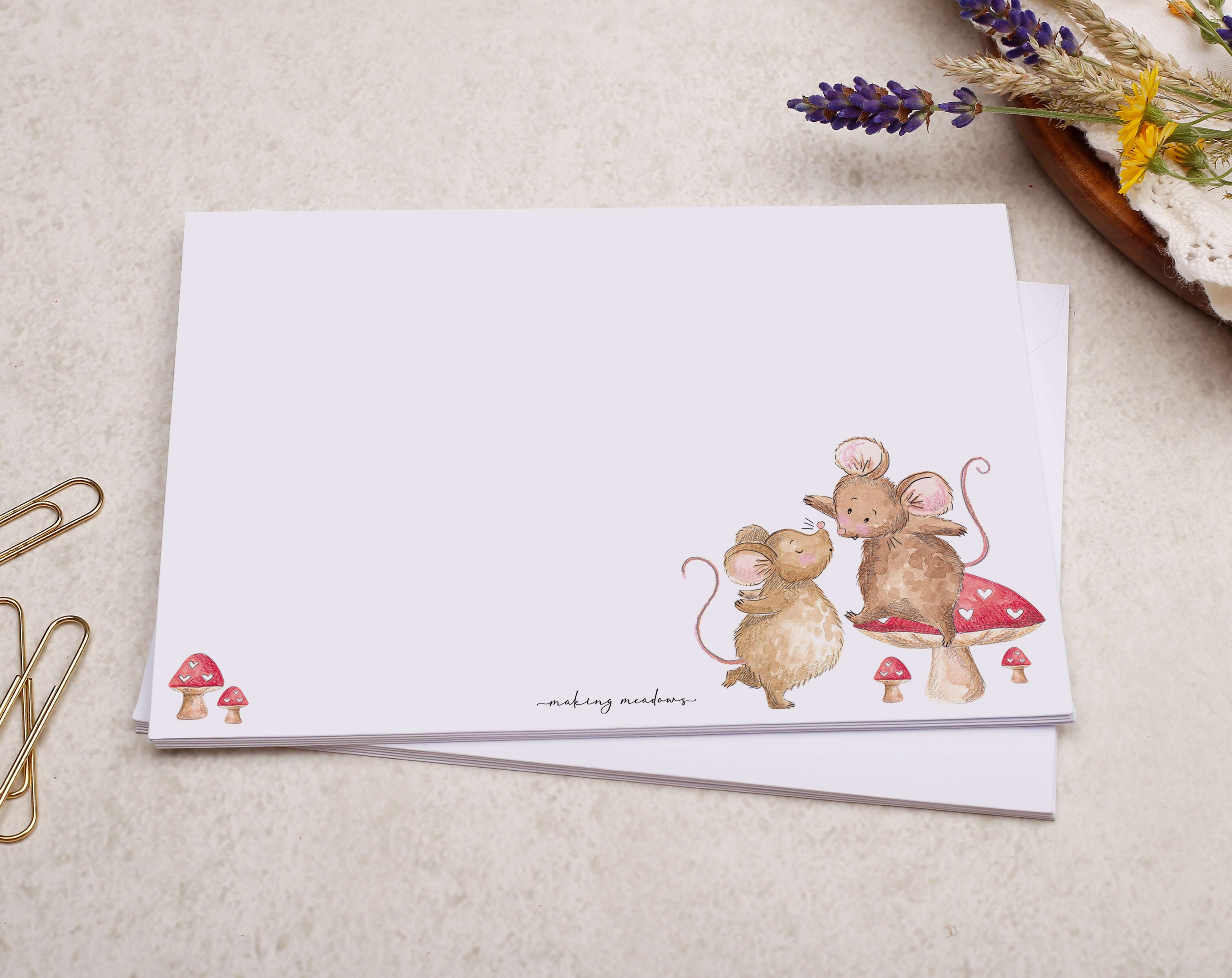 C6 Mice & Mushroom Decorated Envelope. Envelopes designed by Making Meadows