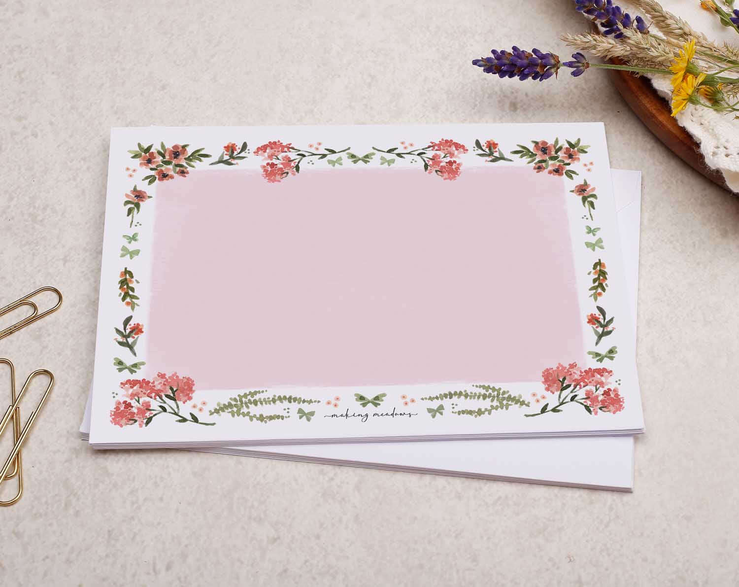 C6 Pink Flowers Decorated Envelope. Envelopes designed by Making Meadows