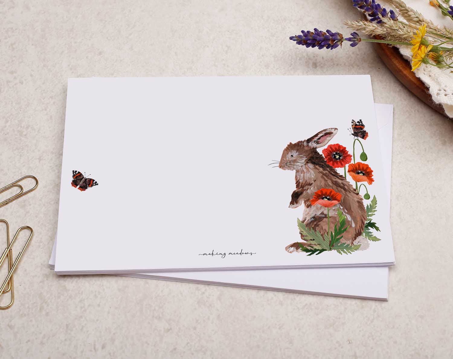 C6 Rabbit & Poppy Decorated Envelope. Envelopes designed by Making Meadows