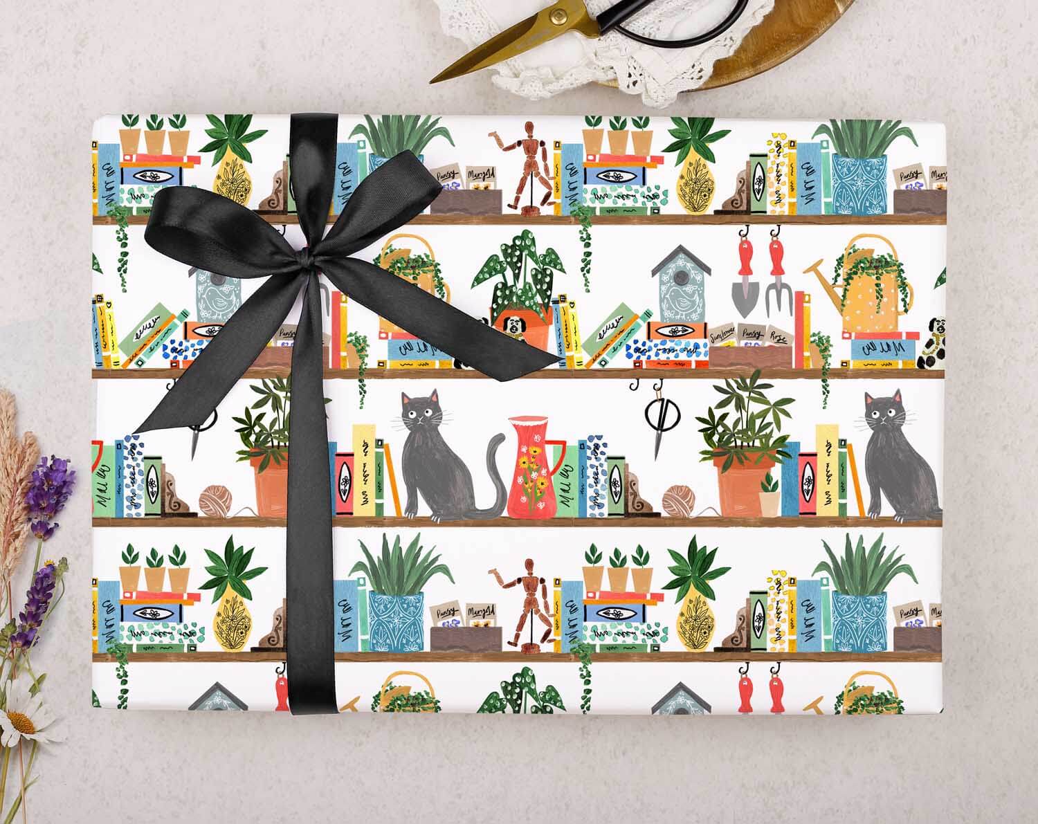 Cat On Bookcase Wrapping Paper. Wrapping Paper designed by Making Meadows