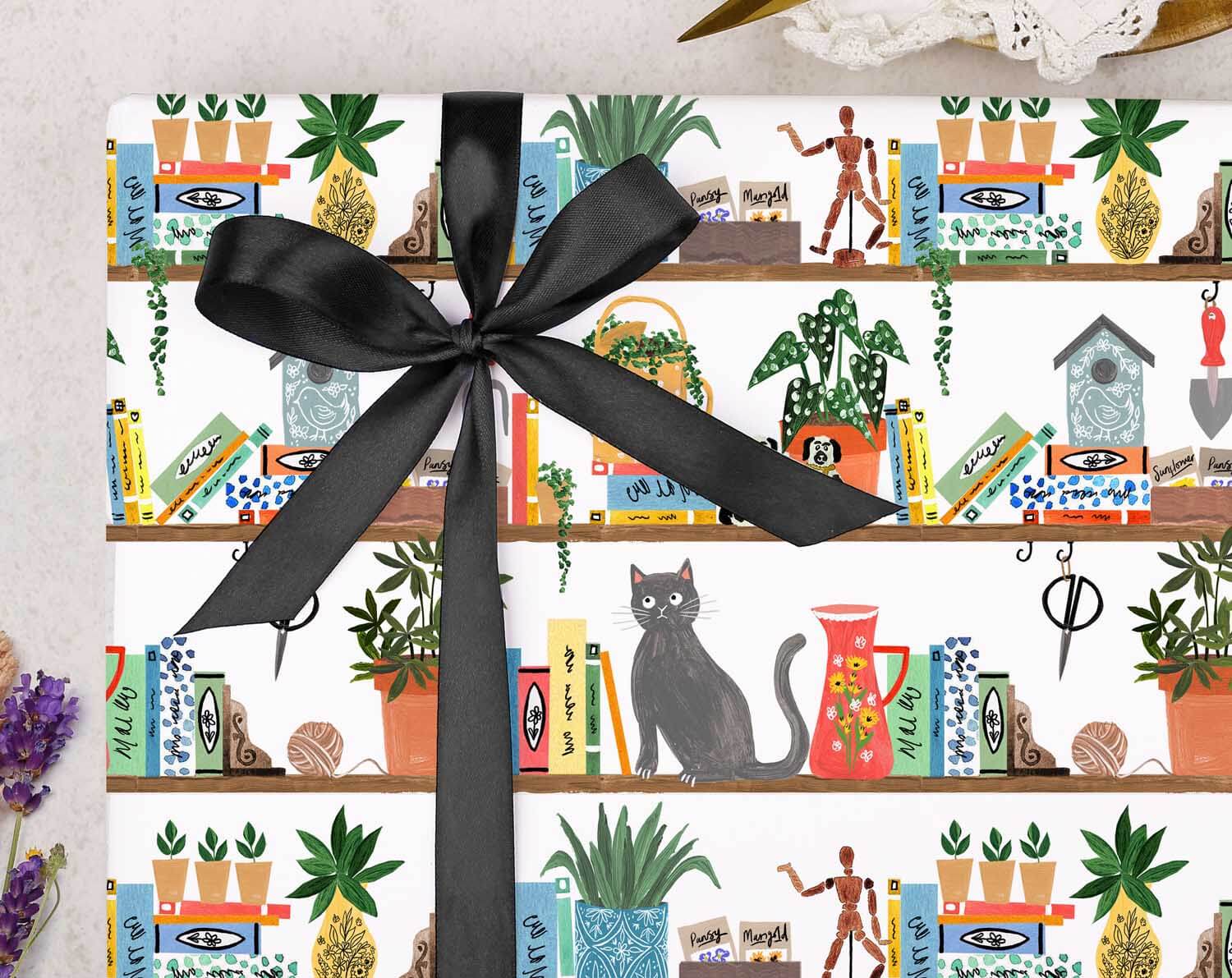 Cat On Bookcase Wrapping Paper. Wrapping Paper designed by Making Meadows