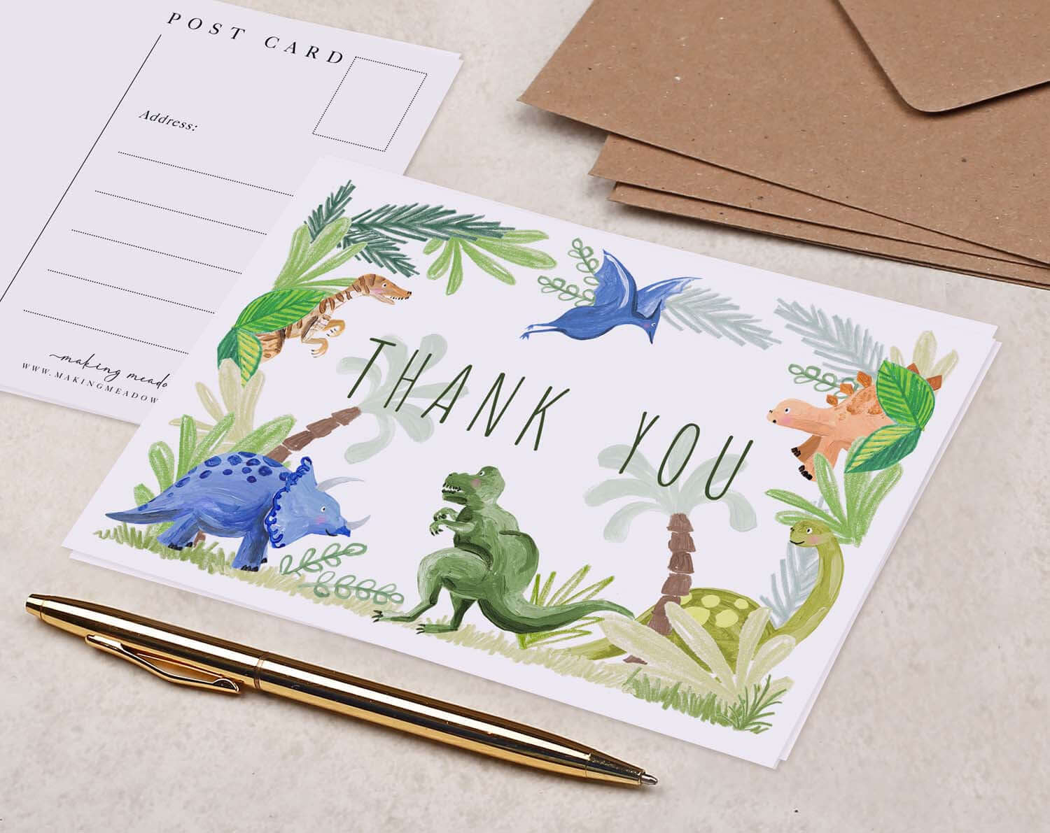 Children's Dinosaur Thank You Postcard. Post Cards designed by Making Meadows