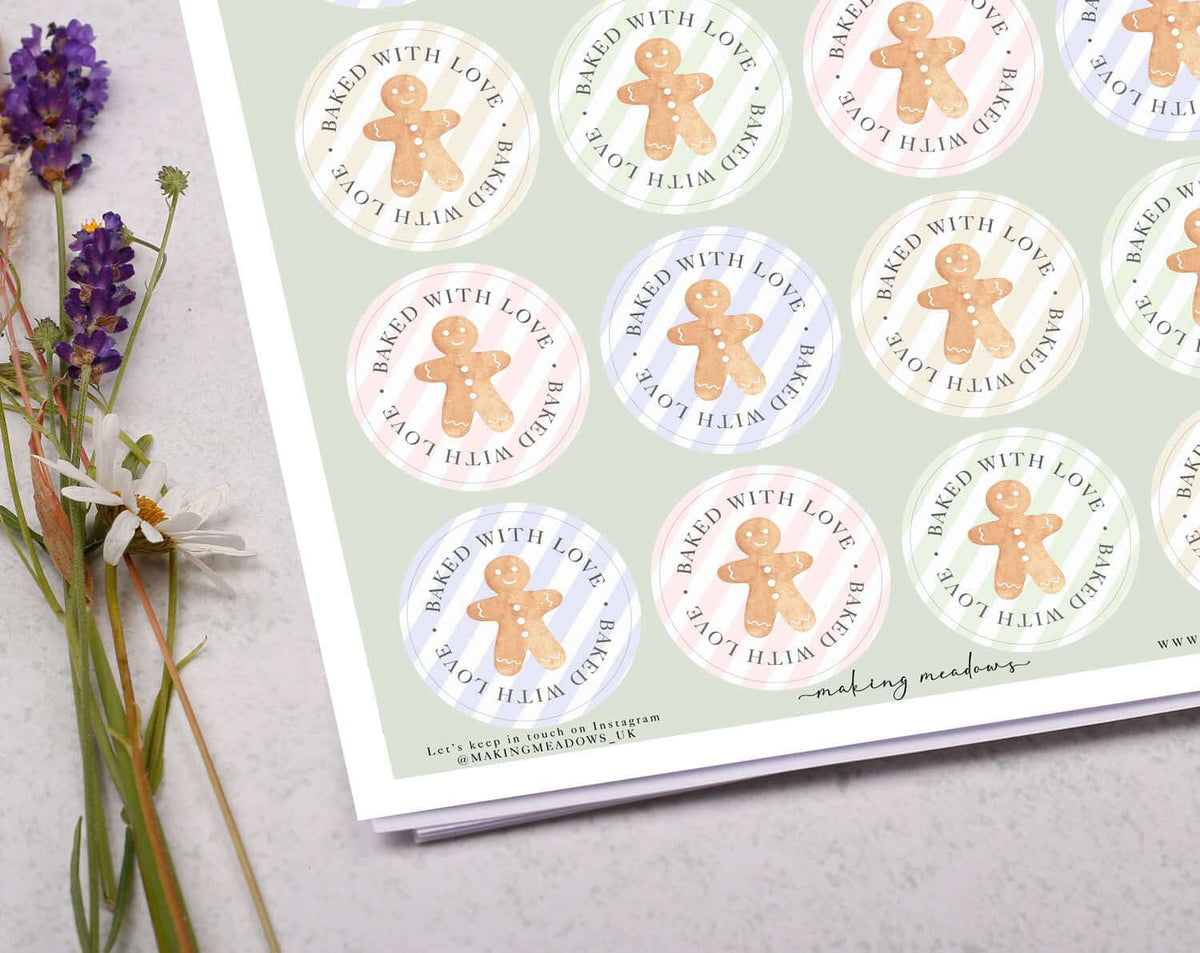 Christmas Gingerbread Baked With Love Stickers on a pastel background, showcasing festive designs for holiday treats.
