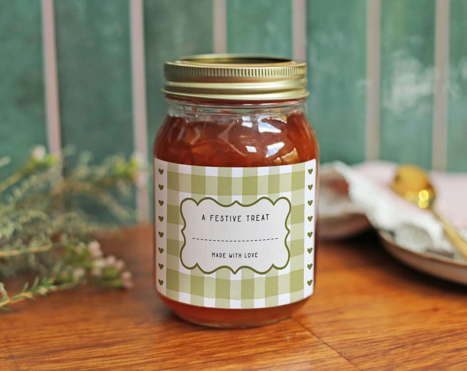 Christmas Jam Jar Labels With Green Gingham on a glass jar filled with homemade jam.
