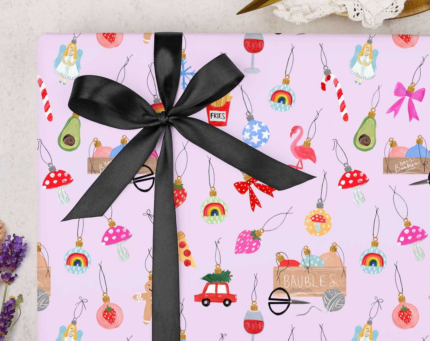 Christmas Ornaments Lilac Wrapping Paper. Wrapping Paper designed by Making Meadows