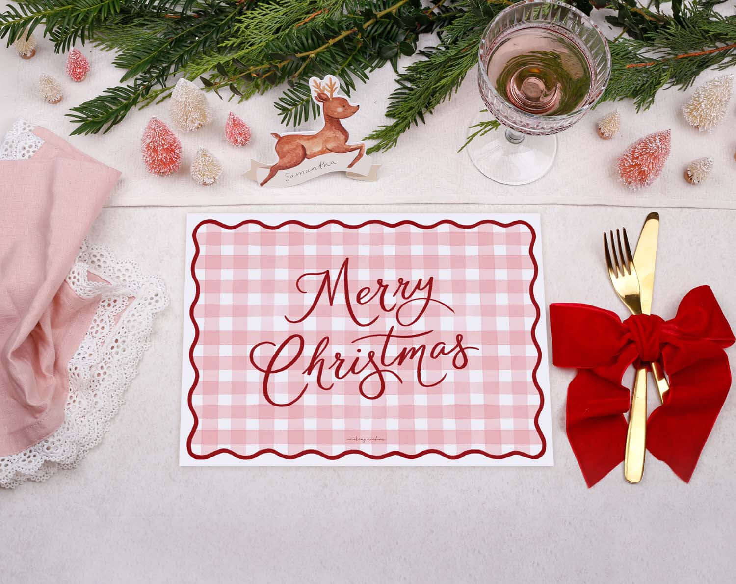 Pink Gingham Christmas Placemats designed by Making Meadows