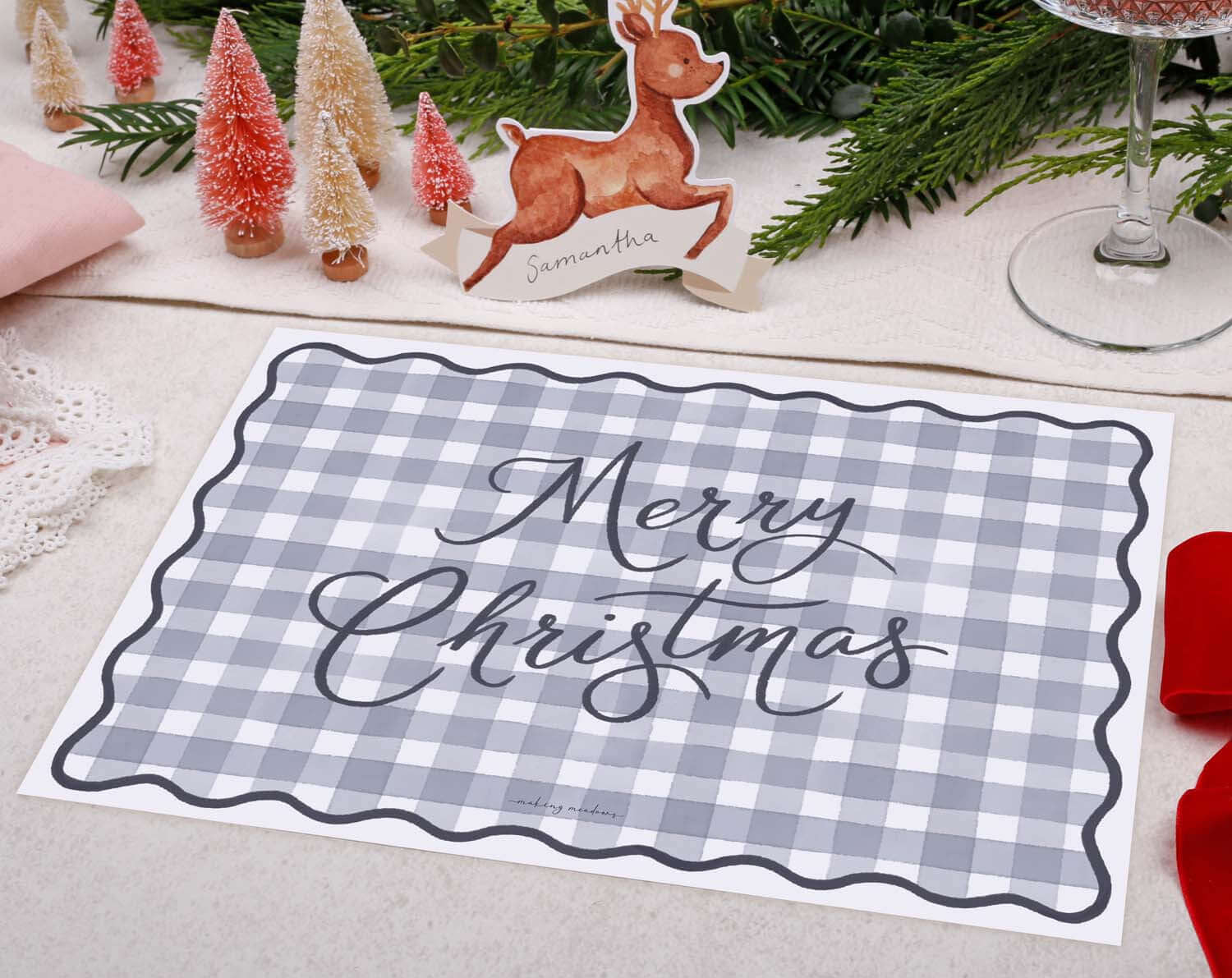 Blue Gingham Christmas Placemats designed by Making Meadows