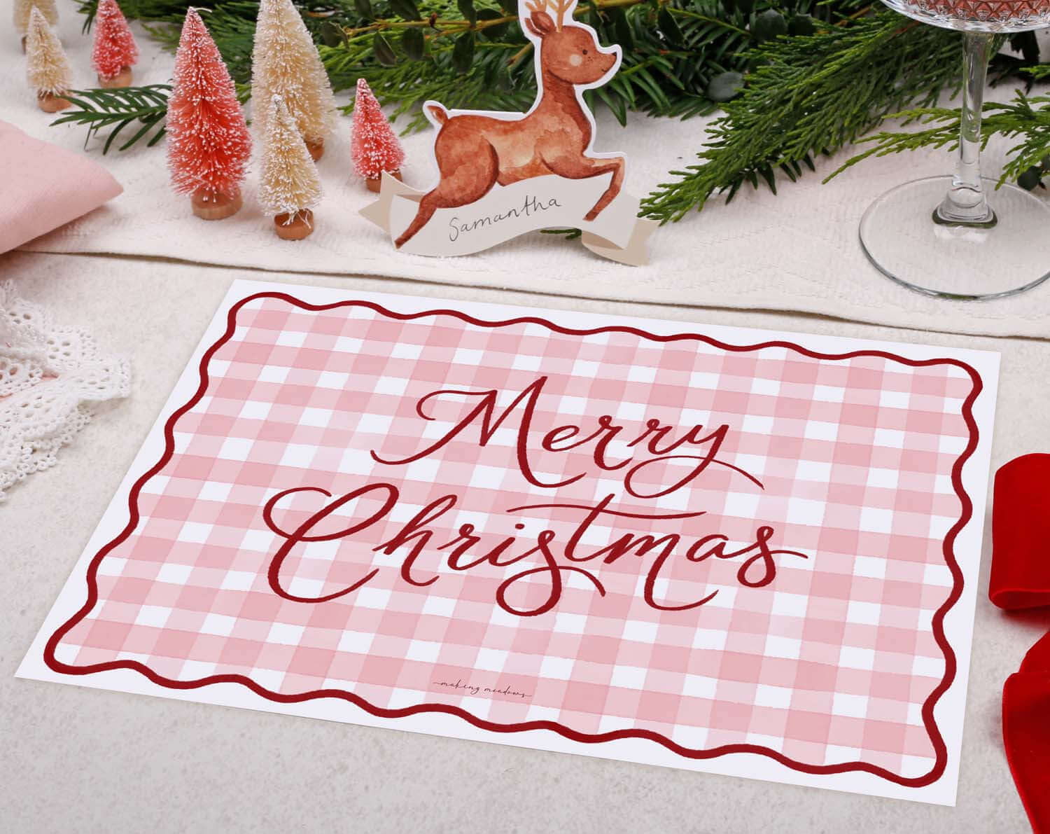 Pink Gingham Christmas Placemats designed by Making Meadows