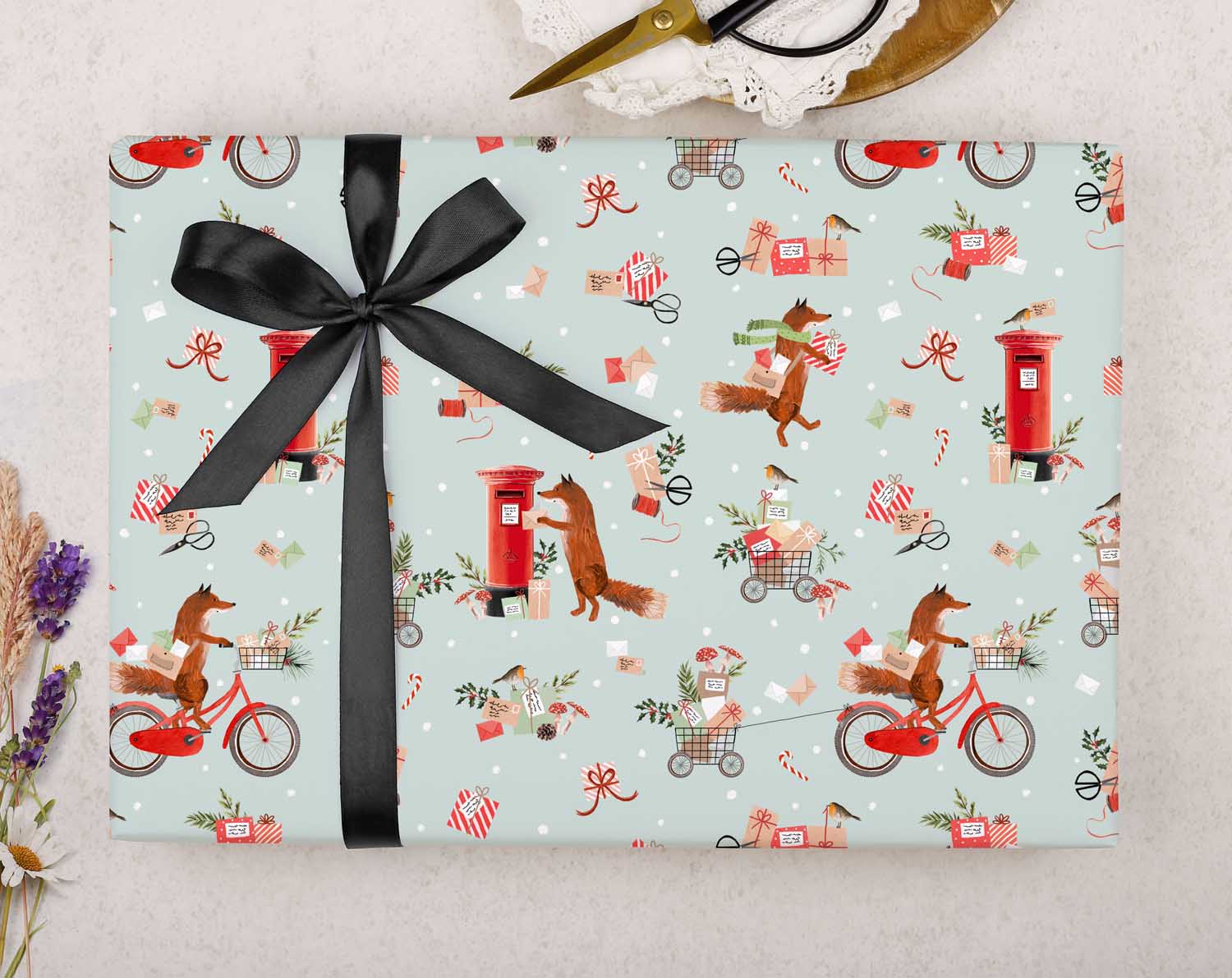 Christmas Postman Fox Wrapping Paper. Wrapping Paper designed by Making Meadows