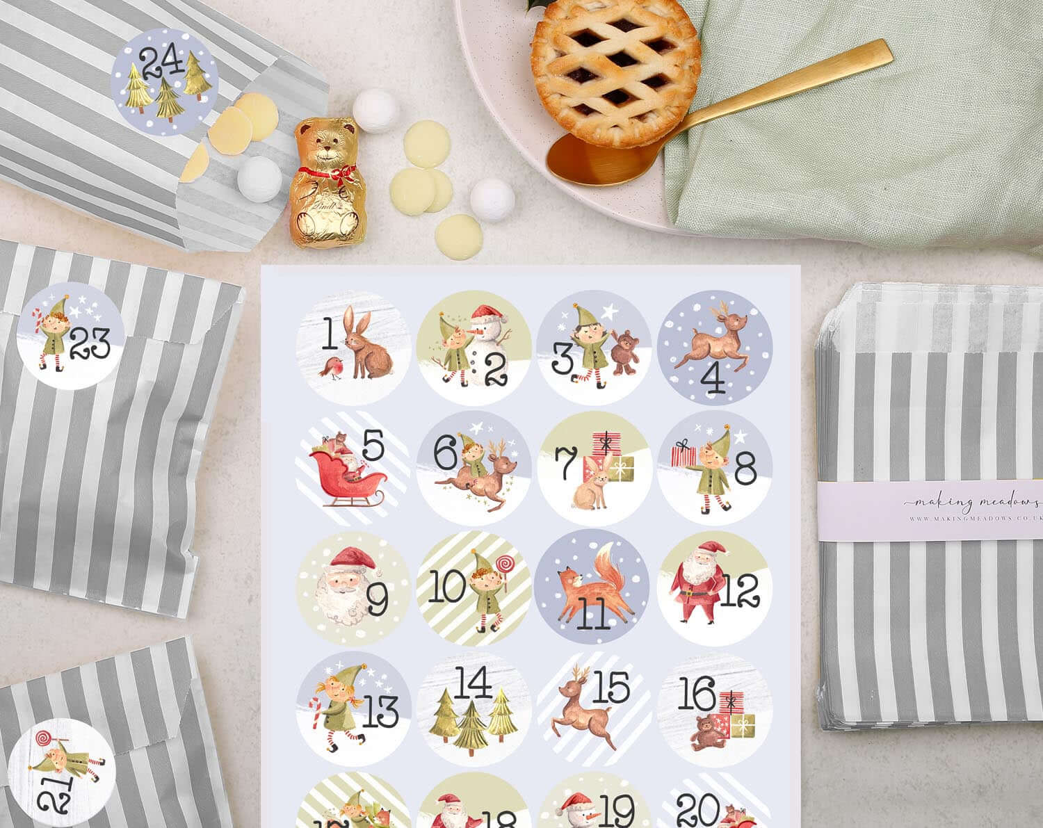 Elf Christmas Advent Calendar With Silver Bags. Advent Calendars designed by Making Meadows