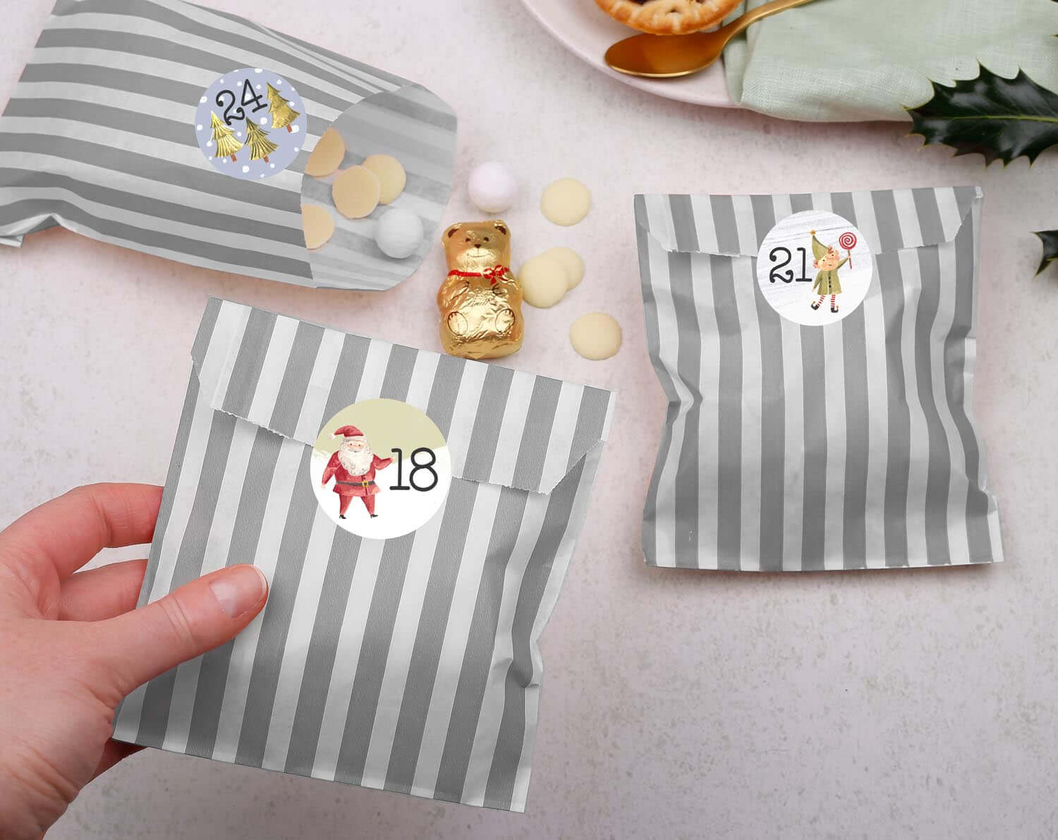 Elf Christmas Advent Calendar With Silver Bags. Advent Calendars designed by Making Meadows