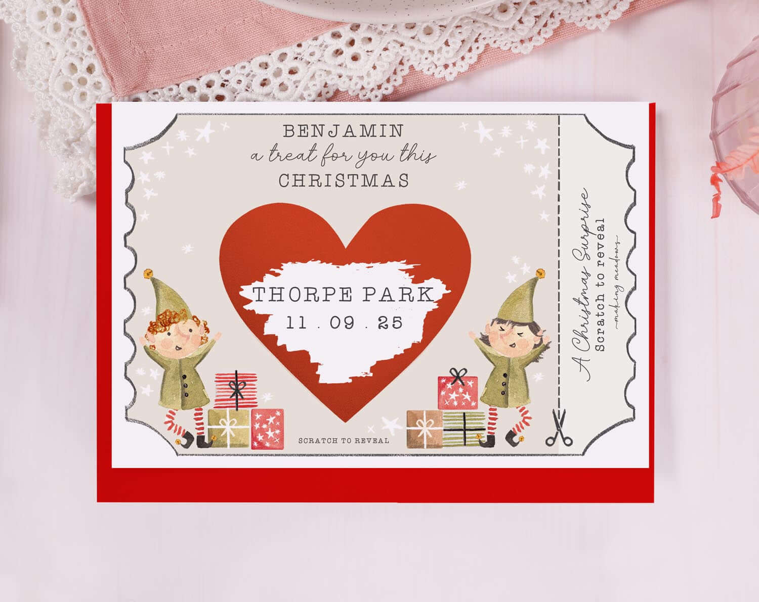Elf Christmas Surprise Gift Reveal Scratch Card. Greeting & Note Cards designed by Making Meadows