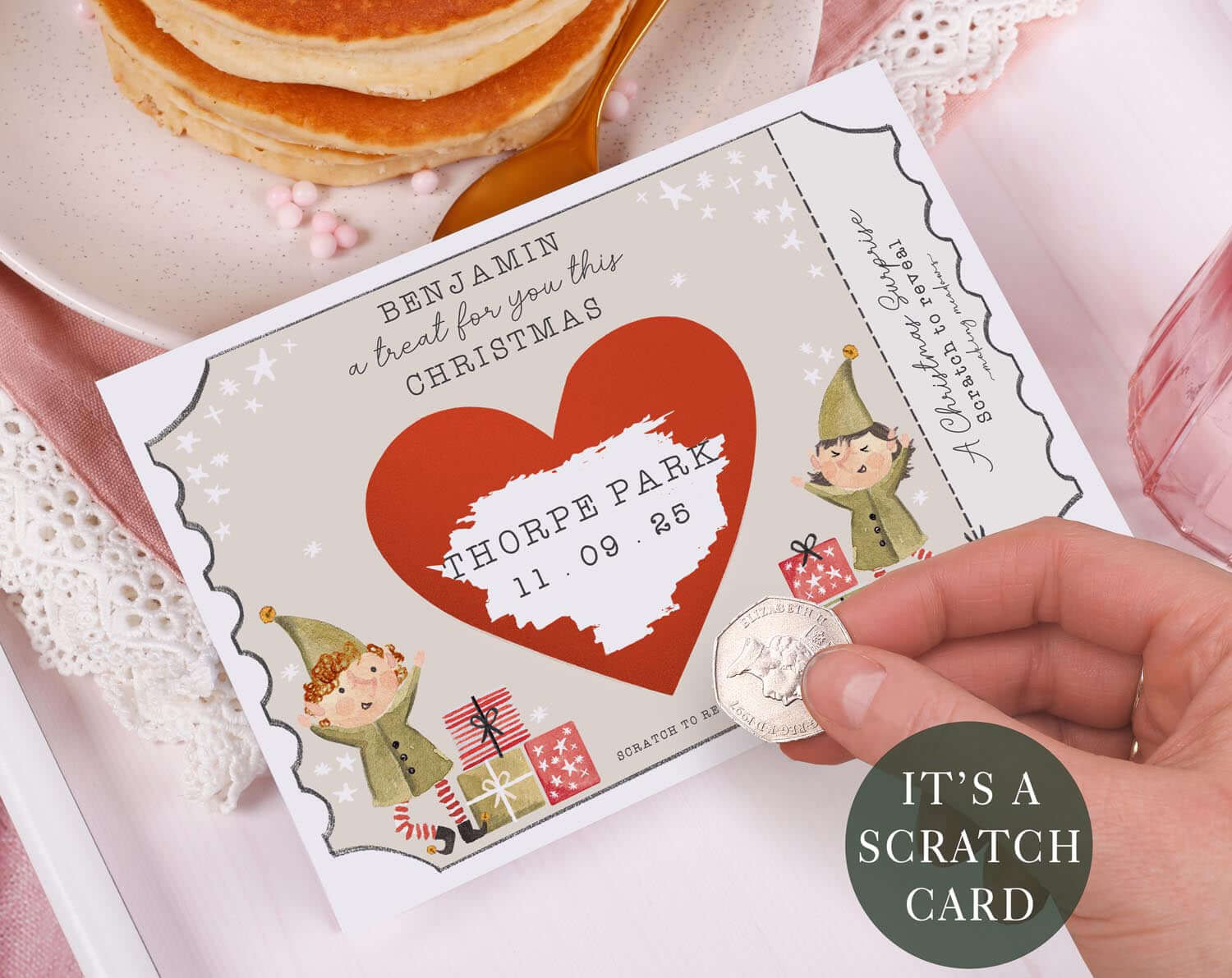 Elf Christmas Surprise Gift Reveal Scratch Card. Greeting & Note Cards designed by Making Meadows