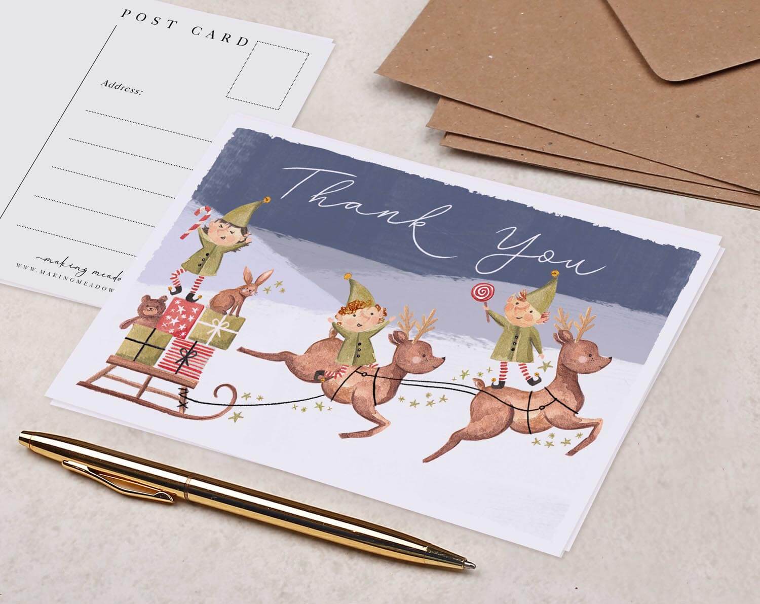 Elf & Reindeer Thank You Postcard. Post Cards designed by Making Meadows