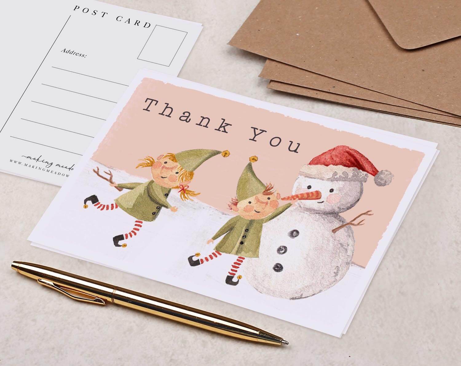 Festive Elf & Snowman Thank You Postcard. Post Cards designed by Making Meadows