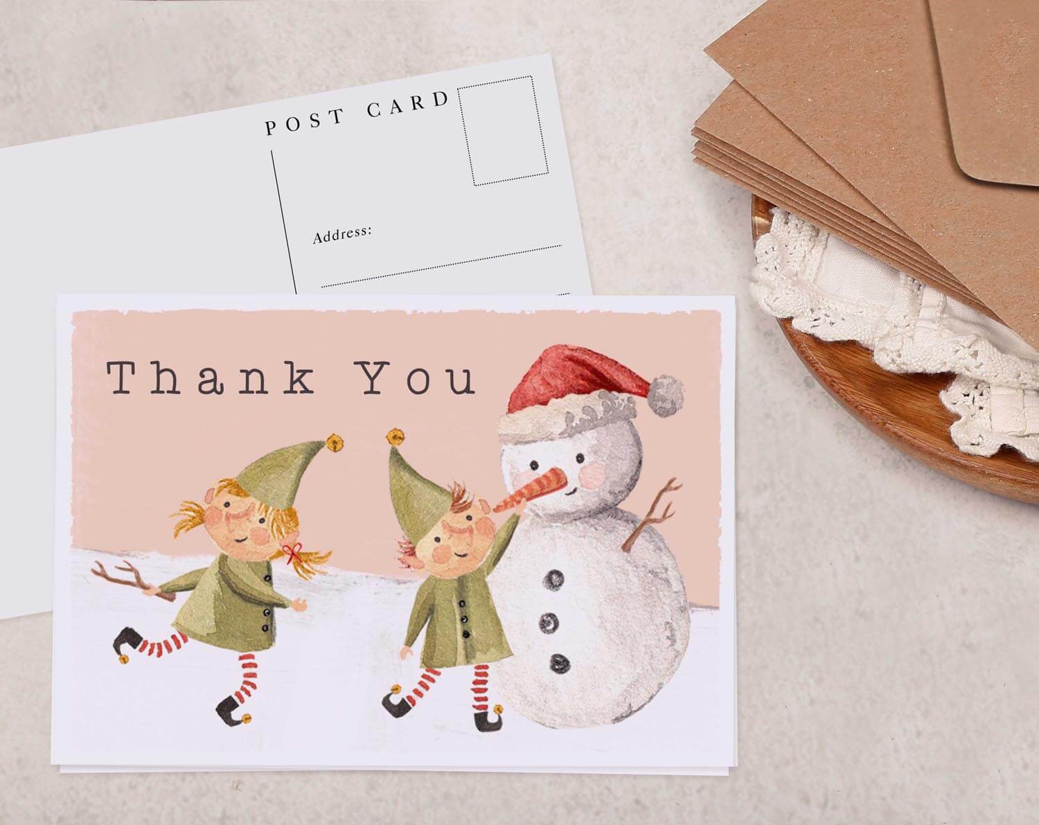 Festive Elf & Snowman Thank You Postcard. Post Cards designed by Making Meadows