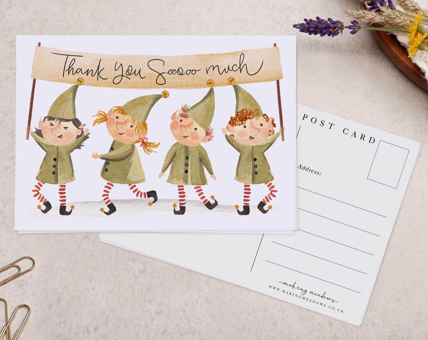 Festive Elf Thank You So Much Christmas Postcard. Post Cards designed by Making Meadows