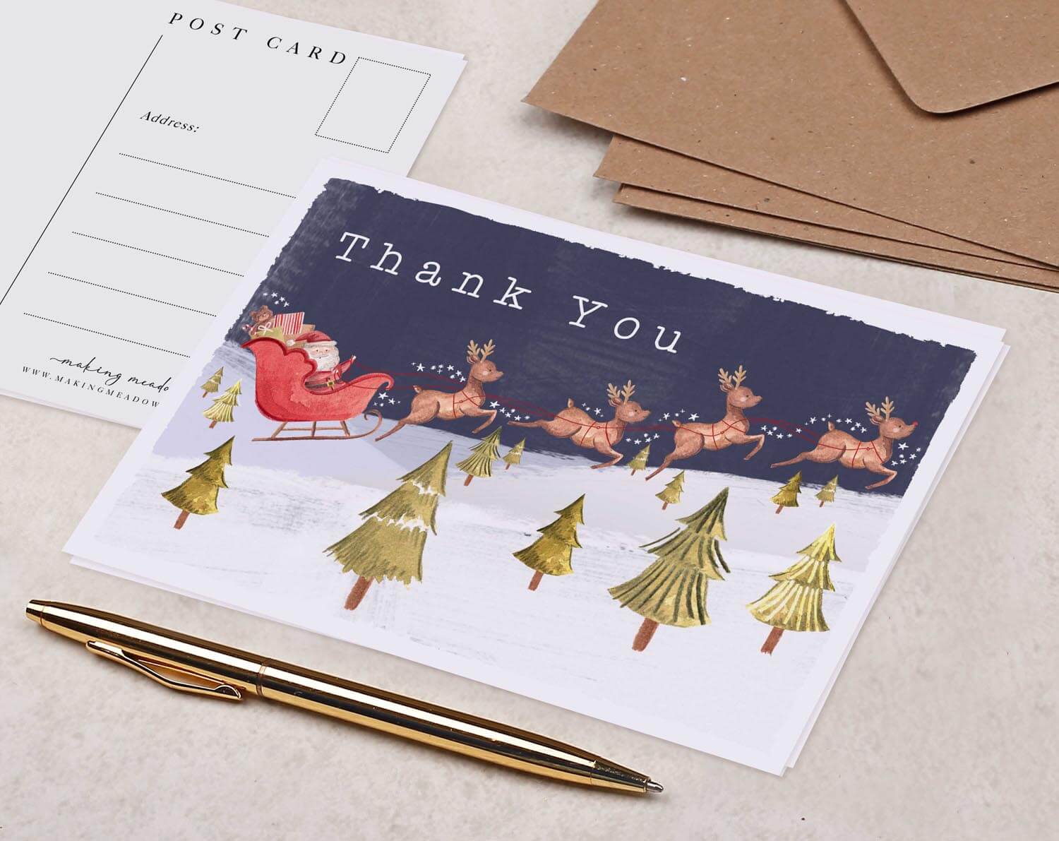 Festive Santa & Reindeer Sleigh Thank You Postcard. Post Cards designed by Making Meadows