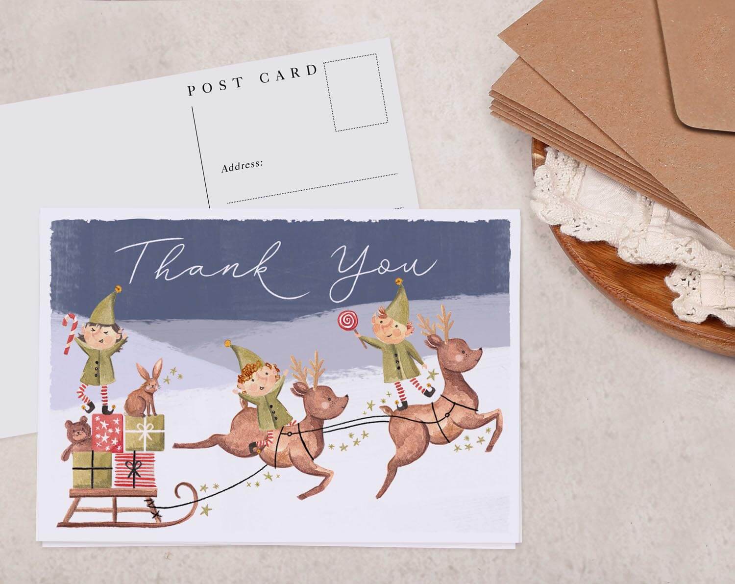 Festive Santa & Reindeer Sleigh Thank You Postcard. Post Cards designed by Making Meadows