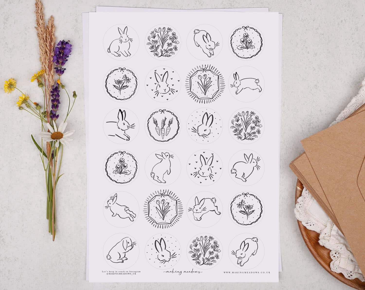 Floral & Bunny Rabbit Sticker Sheet. Decorative Stickers designed by Making Meadows