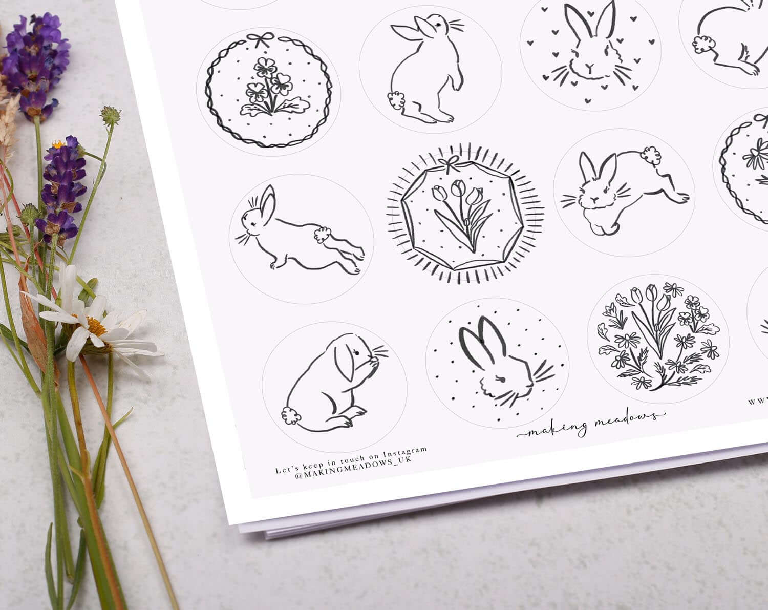 Floral & Bunny Rabbit Sticker Sheet. Decorative Stickers designed by Making Meadows