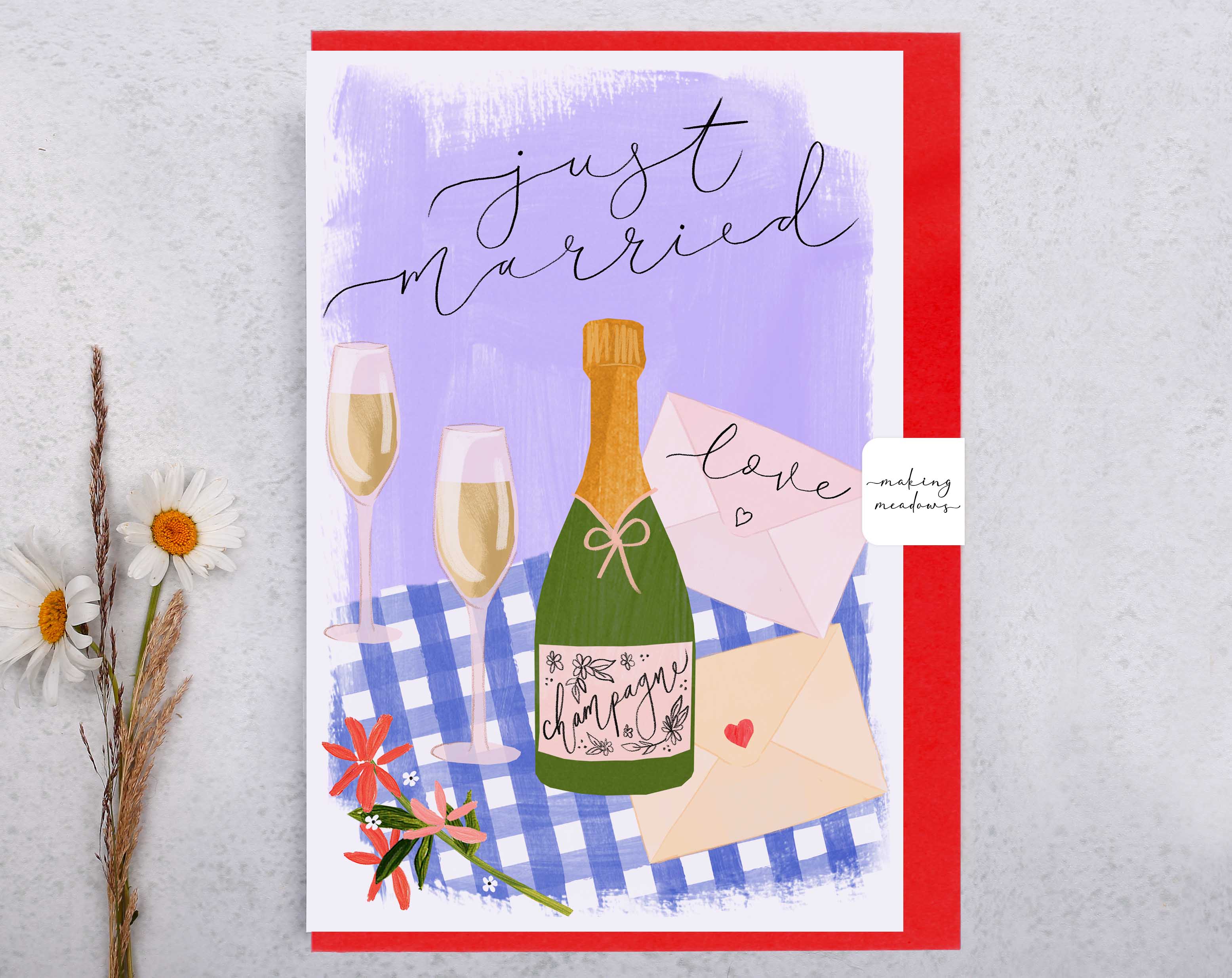 Floral Just Married Champagne Card. Greeting & Note Cards designed by Making Meadows