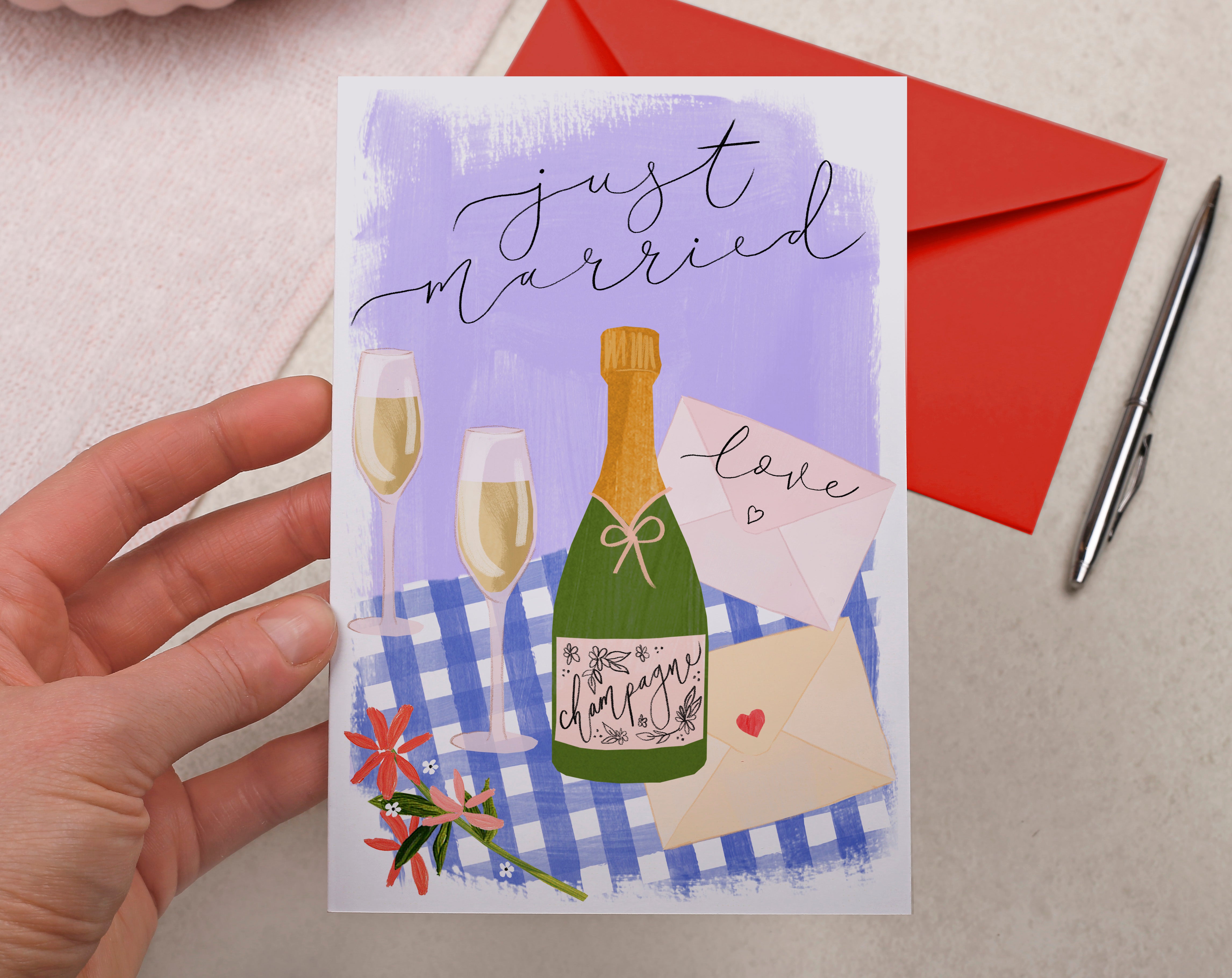 Floral Just Married Champagne Card. Greeting & Note Cards designed by Making Meadows