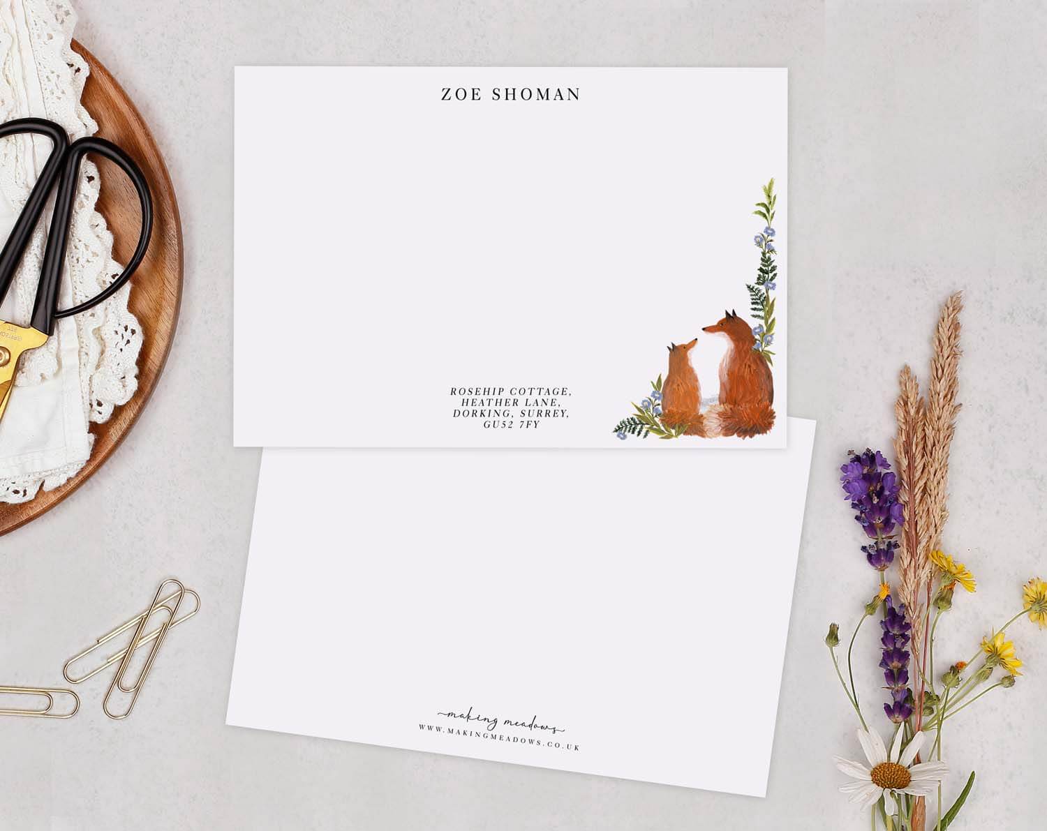 Fox Personalised Note cards with illustrated foxes and floral details on elegant stationery set.