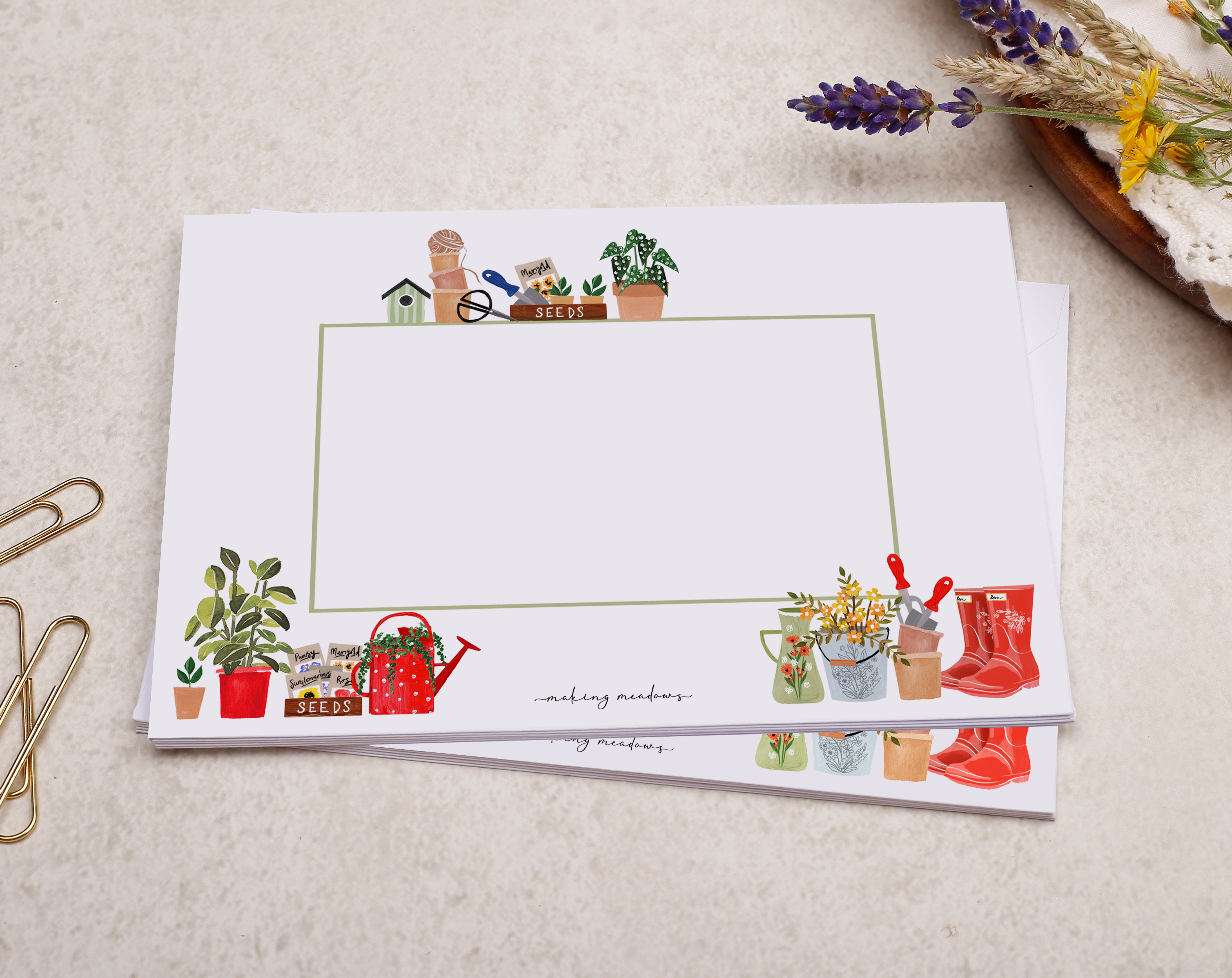 Garden Tools A5 Writing Paper & Envelope Set. Stationery designed by Making Meadows