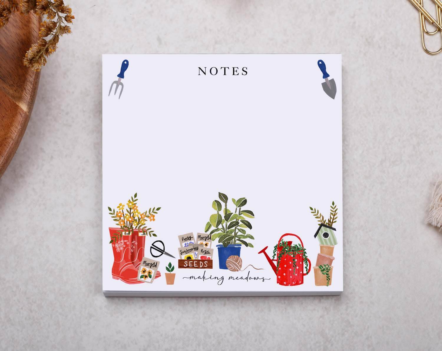 Gardening Memo Pad Block featuring garden illustrations and space for notes, perfect for plant lovers and gardening enthusiasts.