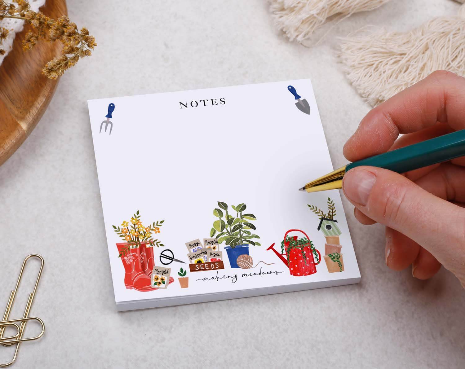 Gardening Memo Pad Block with charming garden illustrations and a hand writing notes.