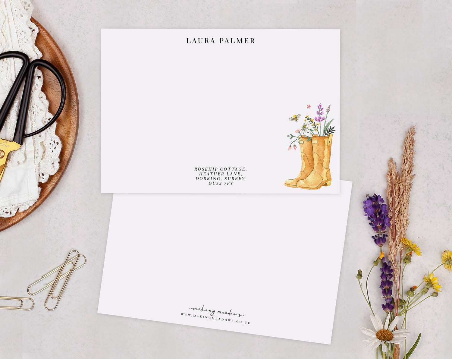 Gardening Personalised Note cards featuring illustrated gardening boots and floral motifs on stationery set.