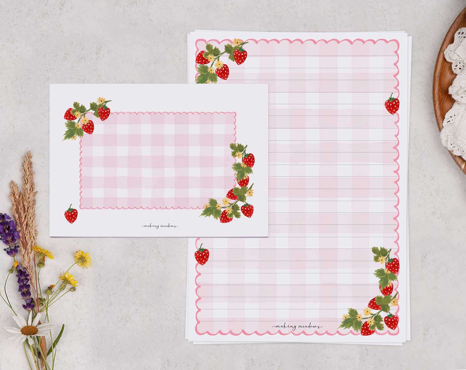 Gingham Strawberry A5 Writing Paper & Envelope Set. Stationery designed by Making Meadows