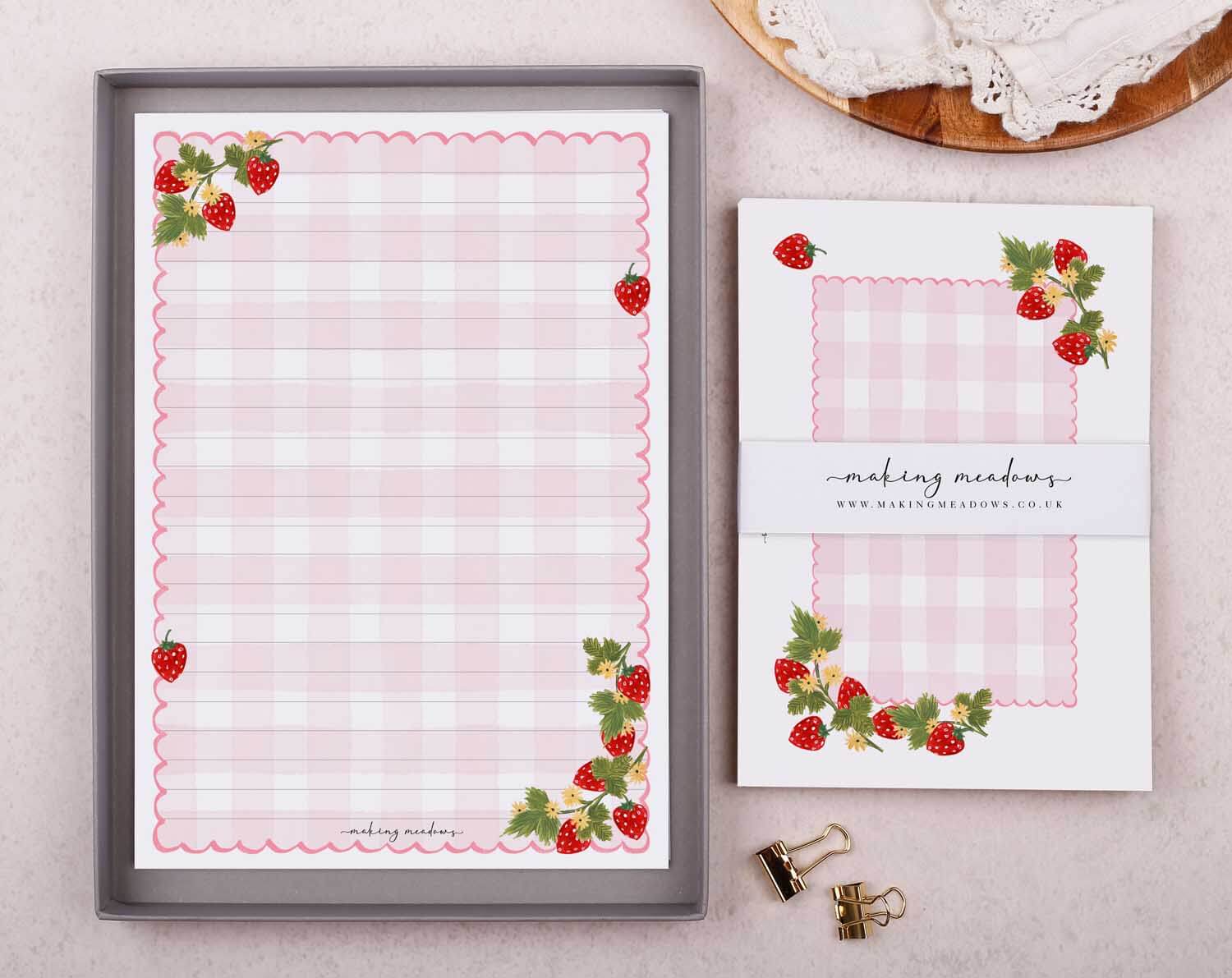 Gingham Strawberry A5 Writing Paper & Envelope Set. Stationery designed by Making Meadows