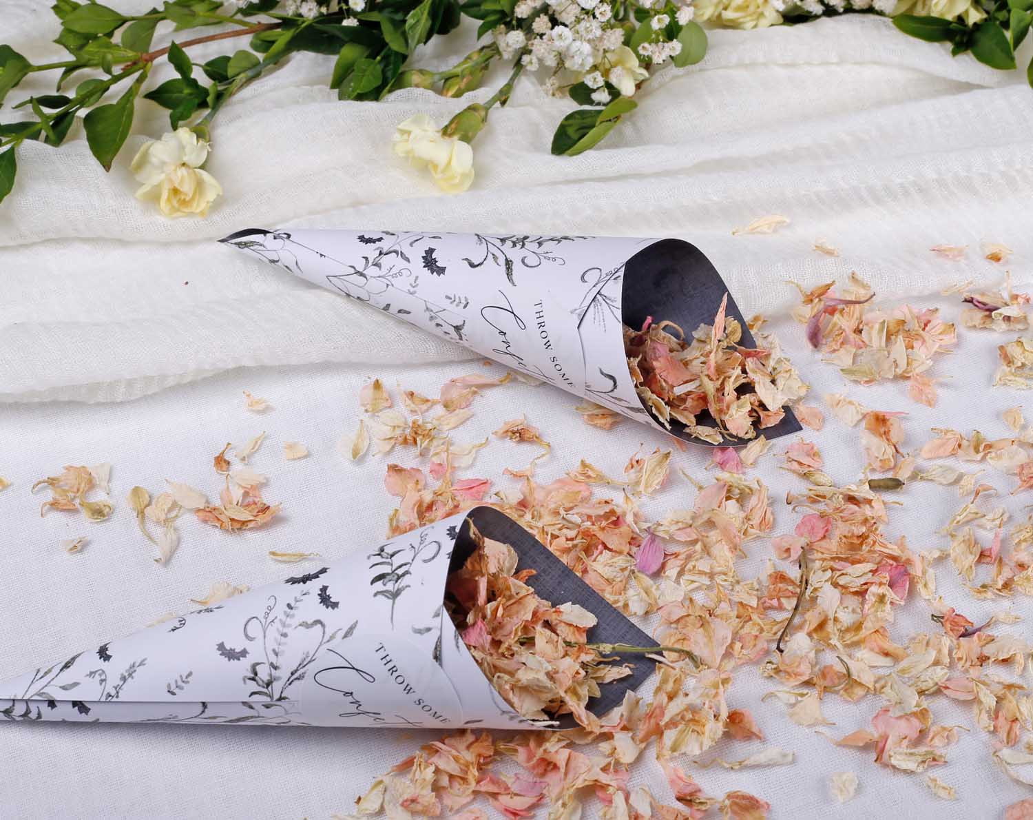 Gothic Wedding Confetti Cones displayed with flower petals