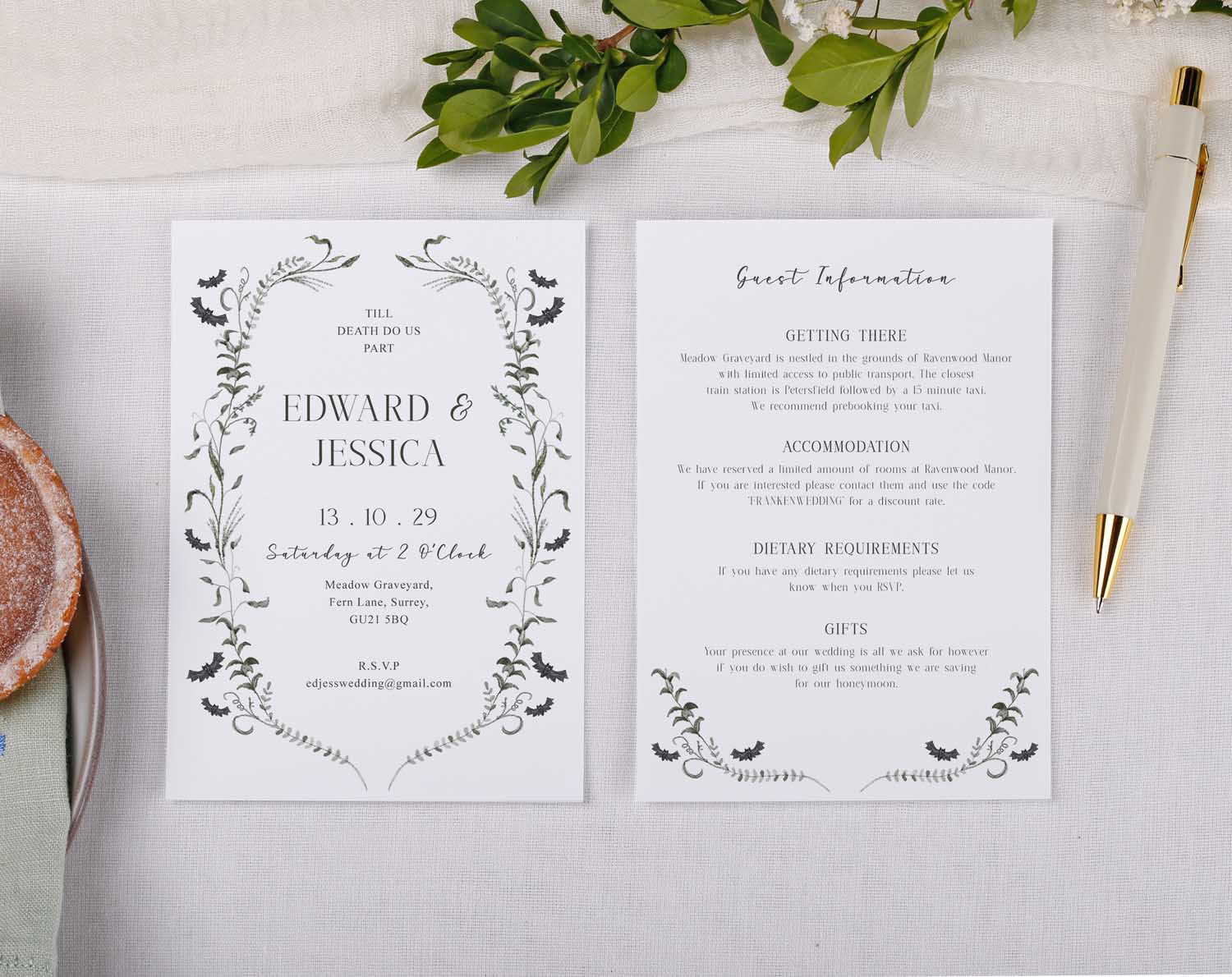 Gothic Wedding Information Cards featuring elegant floral designs and details for Edward & Jessica's wedding.