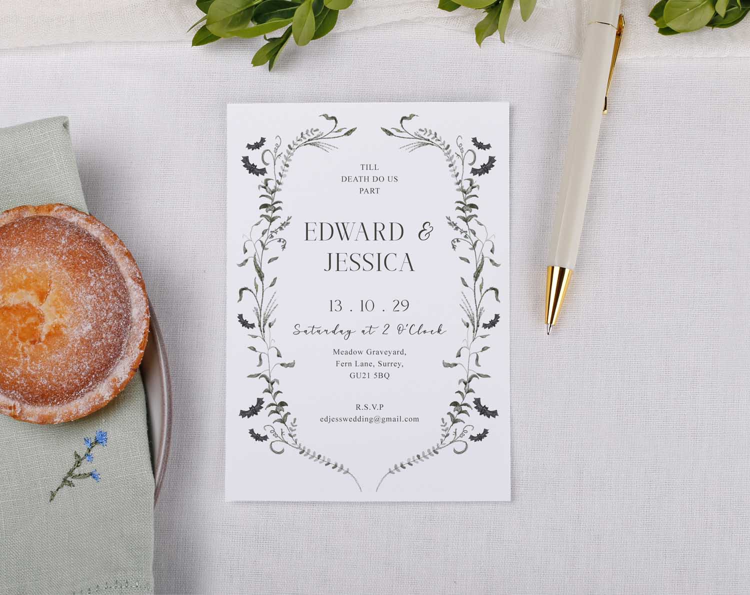 Gothic Wedding Invitations featuring elegant floral bat design, personalised and ideal for autumn or winter weddings.