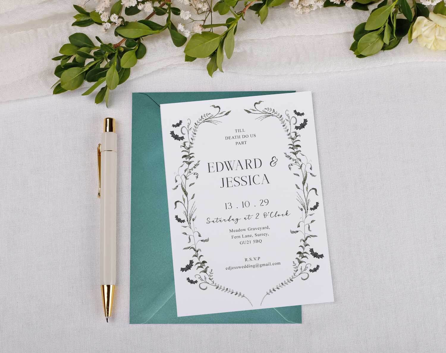 Gothic Wedding Invitations featuring elegant design, personalised with wedding details, adorned with bats and botanicals.