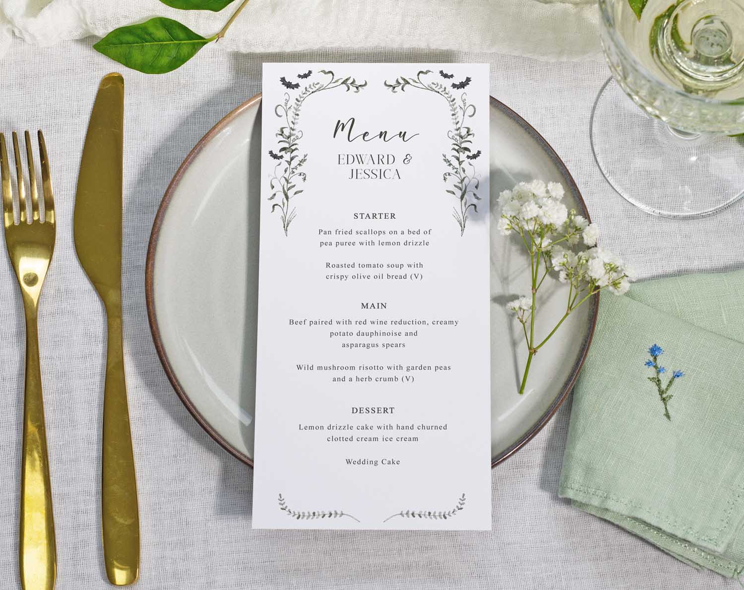 Gothic Wedding Menus displaying personalised menu items in gothic design.