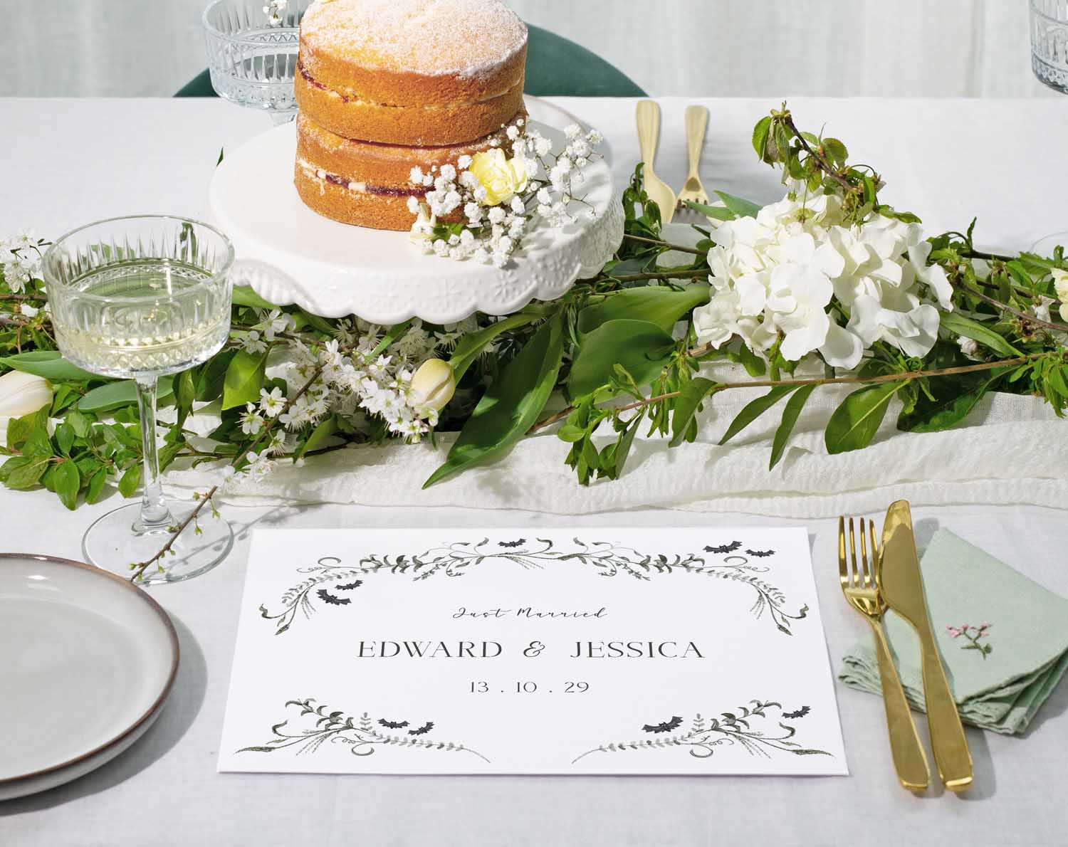 Gothic Wedding Placemats for alternative wedding with black and grey bats and vines.