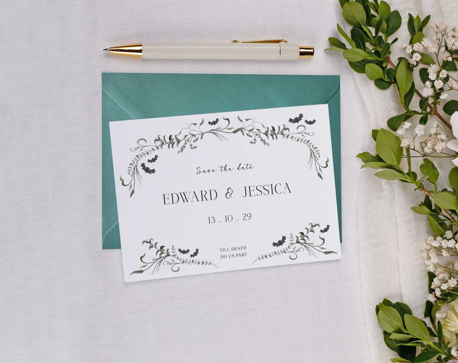 Gothic Wedding Save The Date cards featuring elegant floral design for Edward and Jessica's wedding invitation.