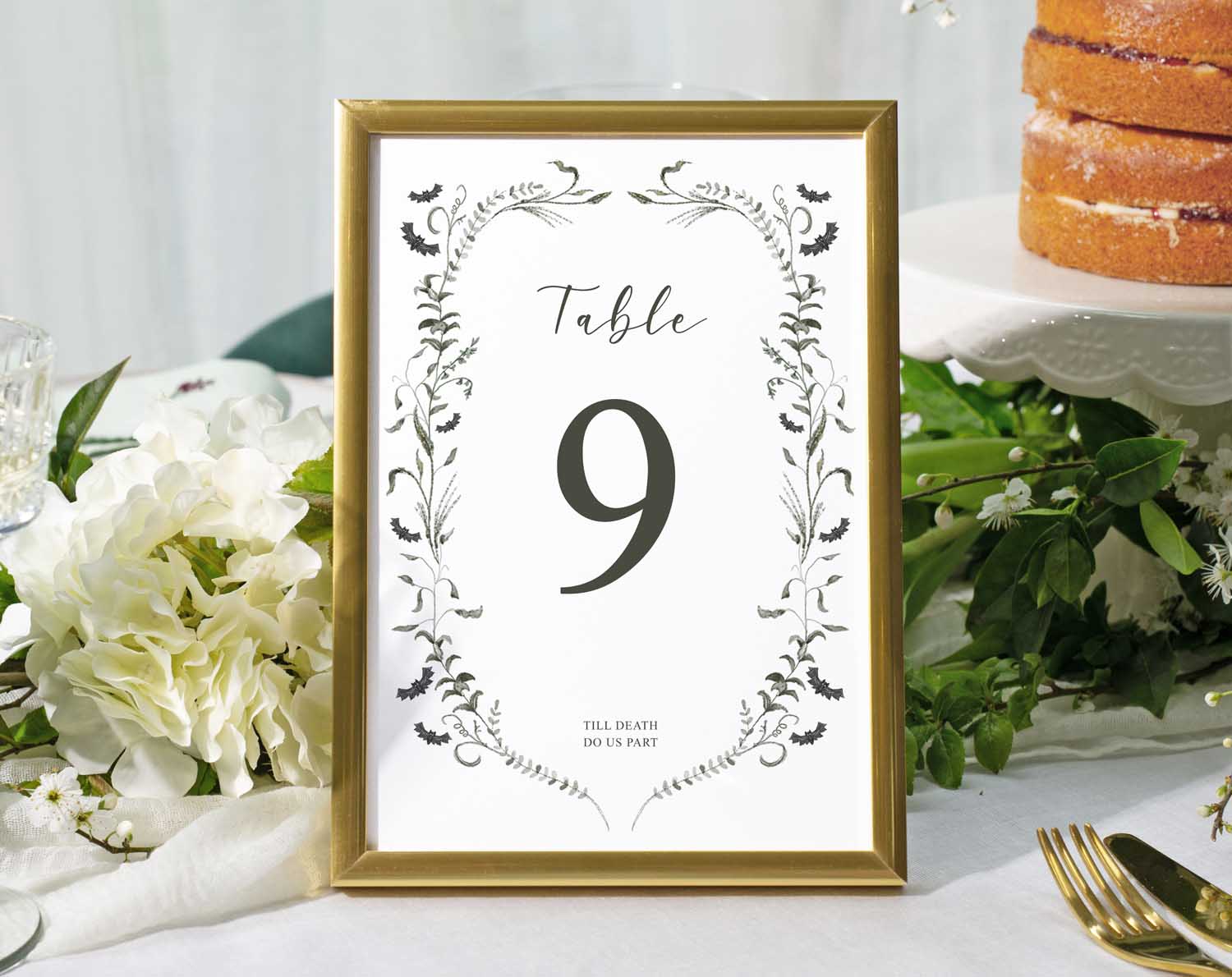 Gothic Wedding Table Numbers featuring elegant vines and bats, Table 9 framed for a moody wedding reception.