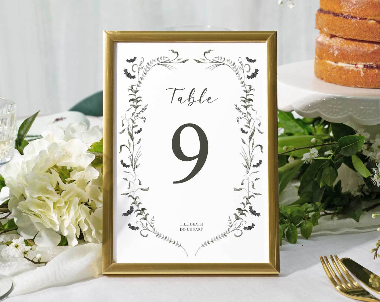 Gothic Wedding Table Numbers featuring elegant vines and bats, Table 9 framed for a moody wedding reception.