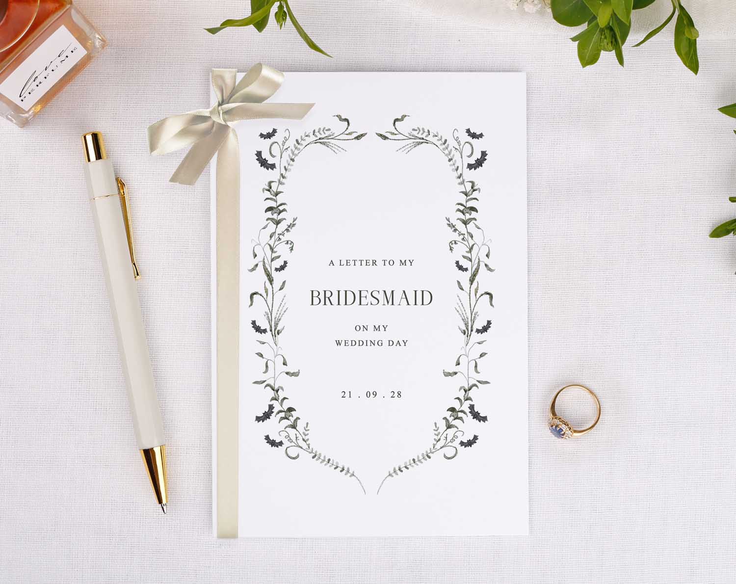 Gothic Wedding Thank You Card featuring elegant floral design, personalized for bridesmaids, with date and decorative ribbon.