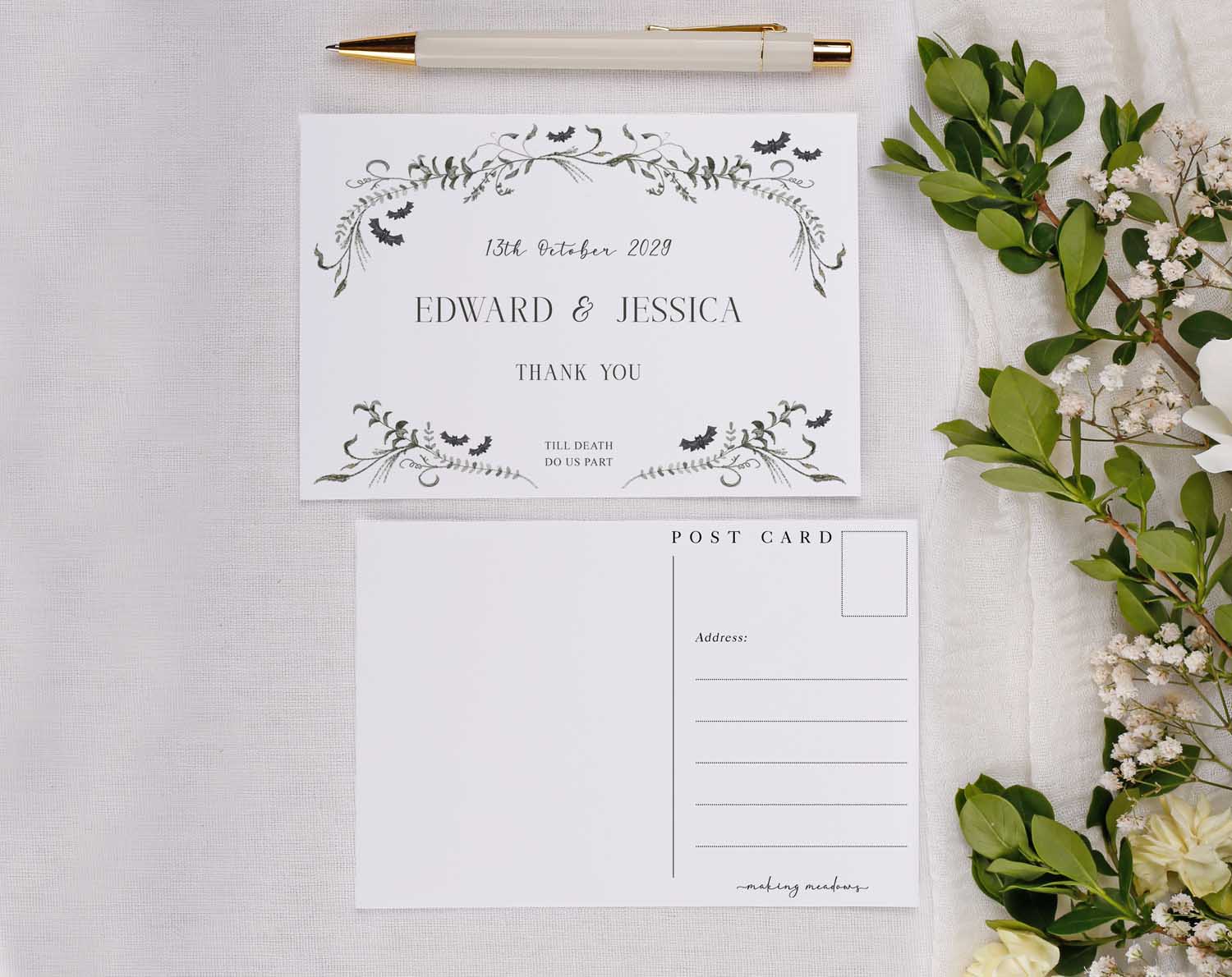 Gothic Wedding Thank You Postcards featuring elegant floral design for heartfelt messages after the wedding.