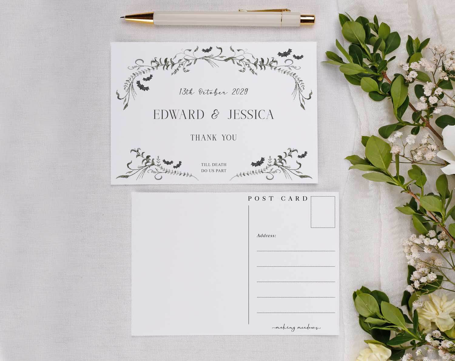 Gothic Wedding Thank You Postcards featuring elegant floral design for heartfelt messages after the wedding.