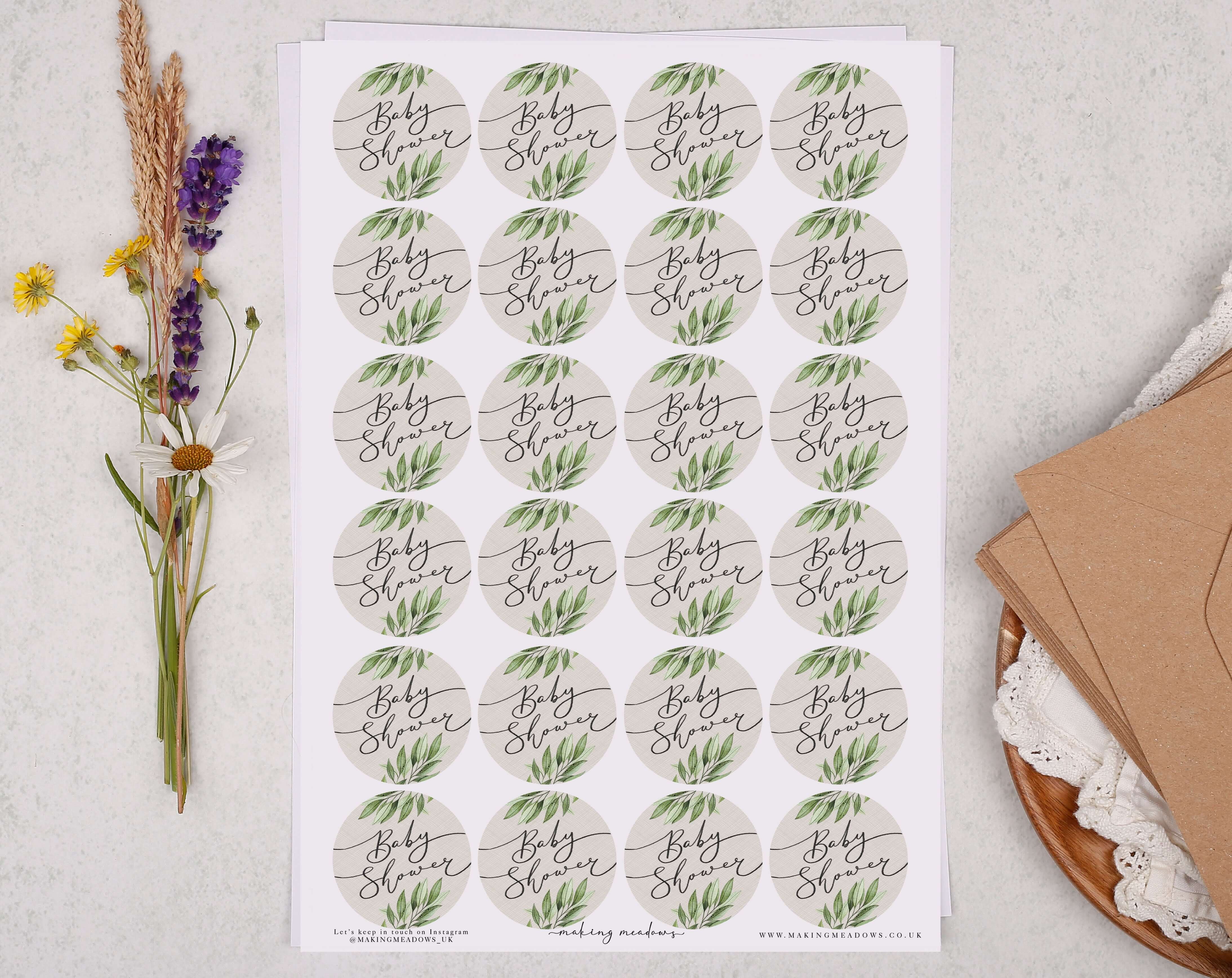 Green Botanical Baby Shower Sticker Sheet. Decorative Stickers designed by Making Meadows